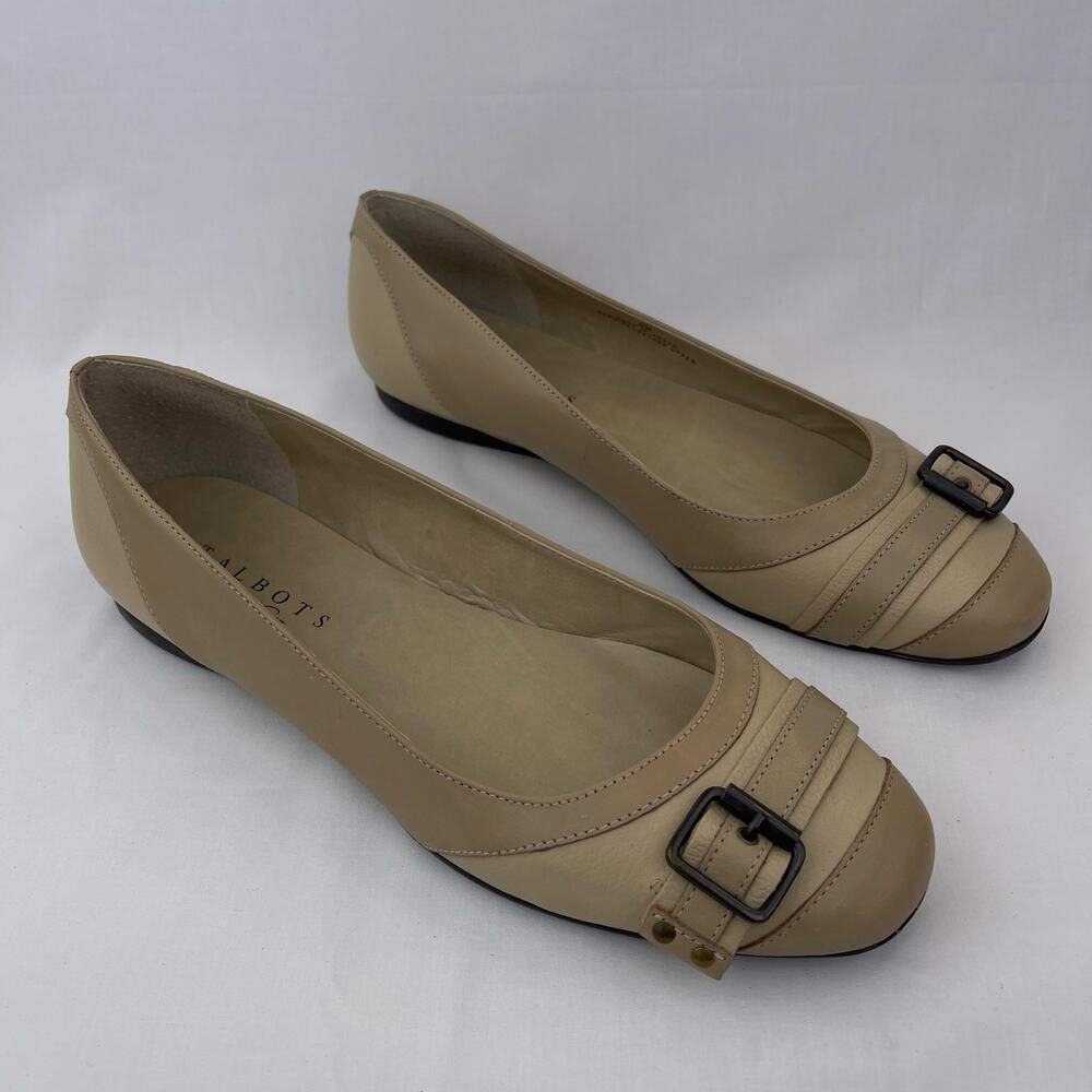 Talbots Women Tan Leather Buckle Ballet Flats Comfort Shoes Wide Width 8W